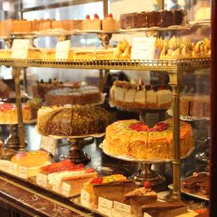 Leckere Kuchen und Torten in der Vitrinen im Kaffeehaus