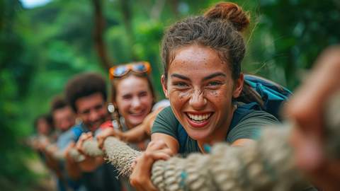 Ein Team spielt Tauziehen und lächelt ehrgeizig in die Kamera