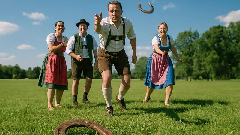 Bayerische Challenge, Hufeisen Weitwurf, Teamevent, Teamuilding Event, Betriebsausflug, Bauern Olympiade, Emmerich Events, Firmenevent