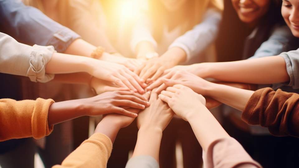 Eine Team steht lächelnd im Kreis und legt die Hände in der Mitte zusammen