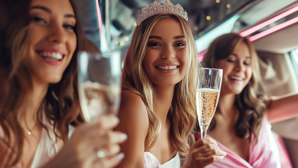 Drei Frauen sitzen in einem Partybus, haben Sektgläser in der Hand und sind festlich gekleidet