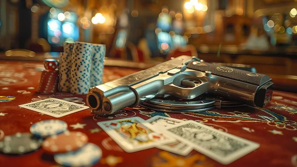 Auf einem Pokertisch liegt neben Zahlchips und Karten auch eine Pistole
