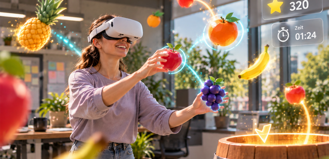 Fangspiel in VR: Frau mit VR-Brille fängt fliegende Früchte und legt sie ins Fass