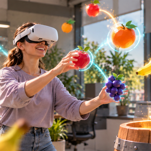 Fangspiel in VR: Frau mit VR-Brille fängt fliegende Früchte und legt sie ins Fass