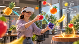 Fangspiel in VR Fangspiel in VR: Frau mit VR-Brille fängt fliegende Früchte und legt sie ins Fass
