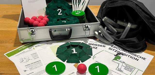 Miete eine Bürogolf-Ausrüstung für deinen Gesundheitstag im Rahmen des betrieblichen Gesundheitsmanagements (BG) für bis zu 45 Personen Bürogolf Mietausrüstung für den Gesundheitstag im Rahmen des betrieblichen Gesundheitsmanagements (BGM)